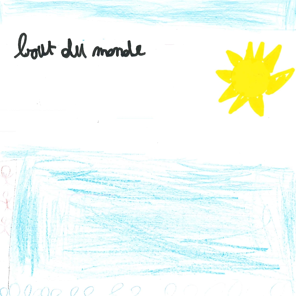 Dessin de Alassane (7 ans). Mot: Bout du mondeTechnique: Crayons.