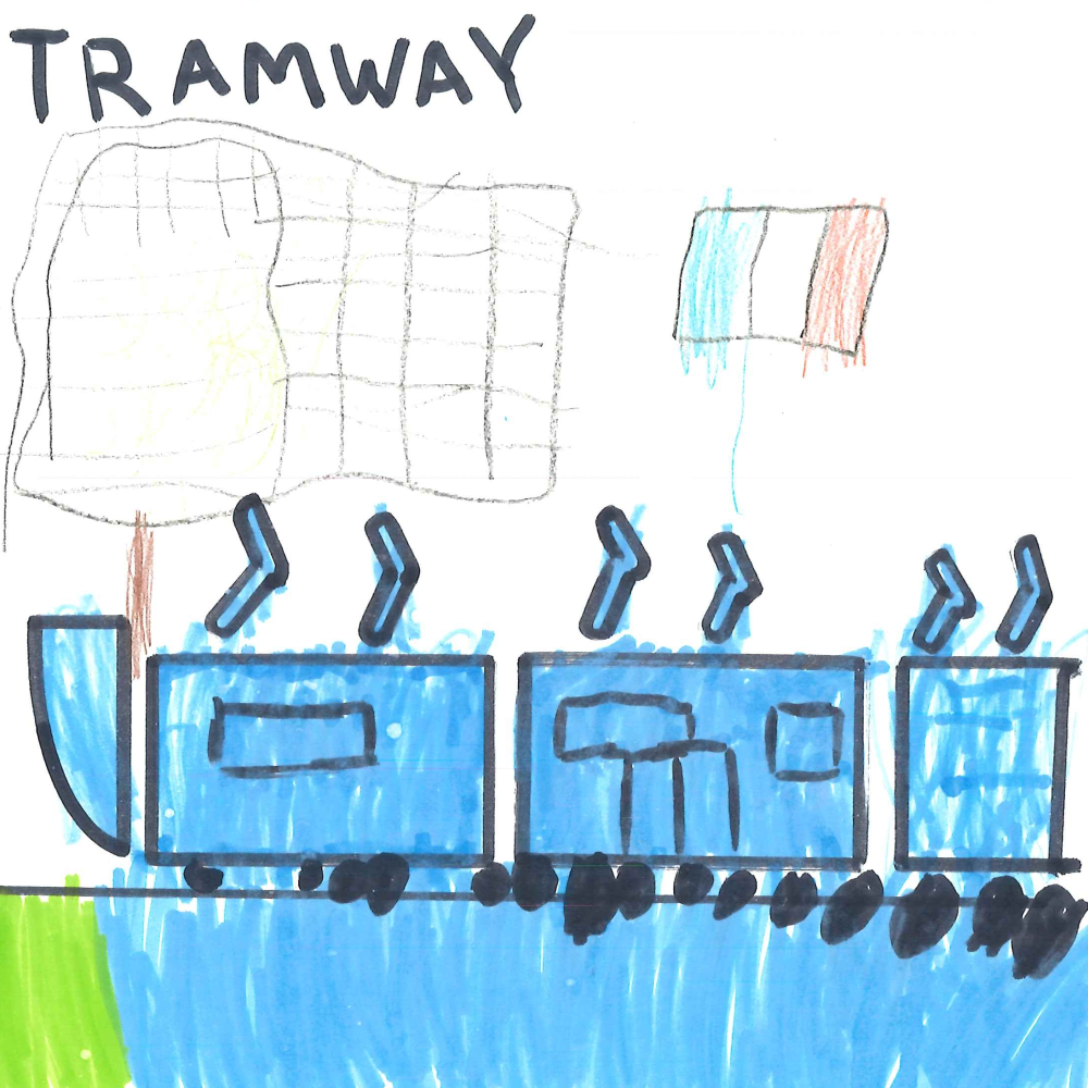 Dessin de Antoine (4 ans). Mot: TramwayTechnique: Feutres.