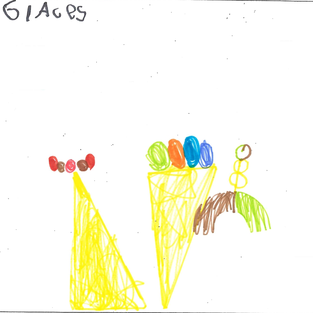Dessin de Aaron (6 ans). Mot: GlaceTechnique: Pastels.