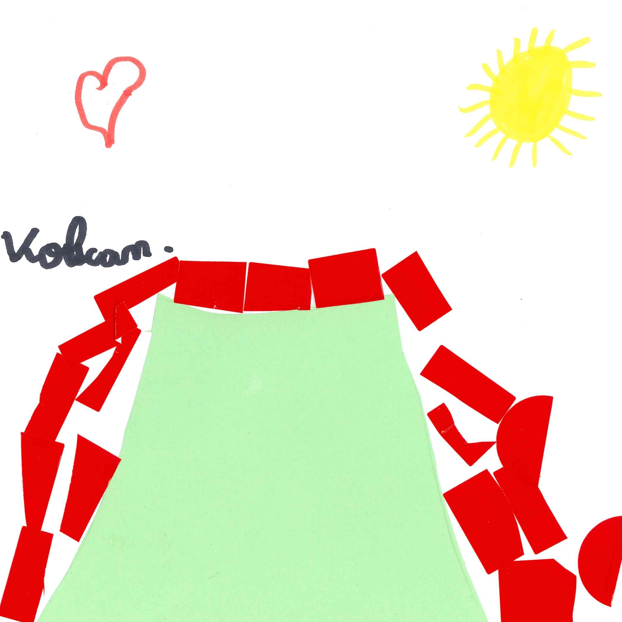 Dessin de Cataleya (6 ans). Mot: VolcanTechnique: Gommettes.