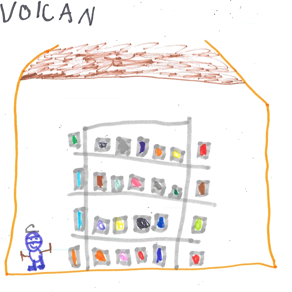 Dessin de Aaron (6 ans). Mot: VolcanTechnique: Feutres.