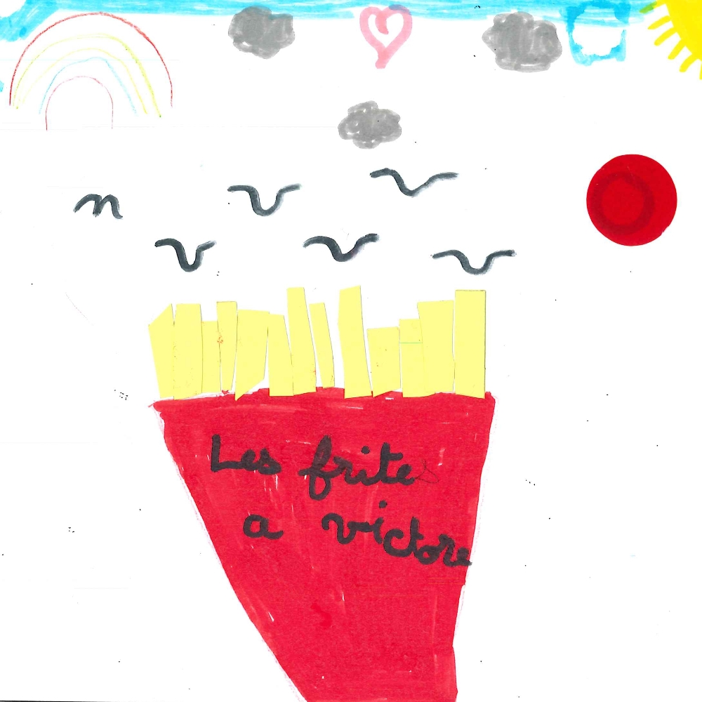 Dessin de Fatima (8 ans). Mot: Frites à VictorTechnique: Découpage / Collage.