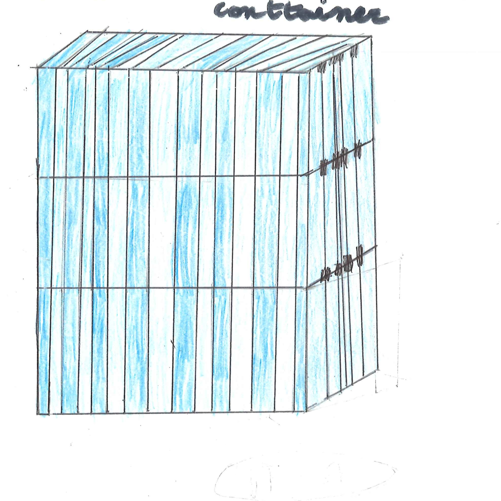 Dessin de Alexandre (11 ans). Mot: ContainerTechnique: Crayons.