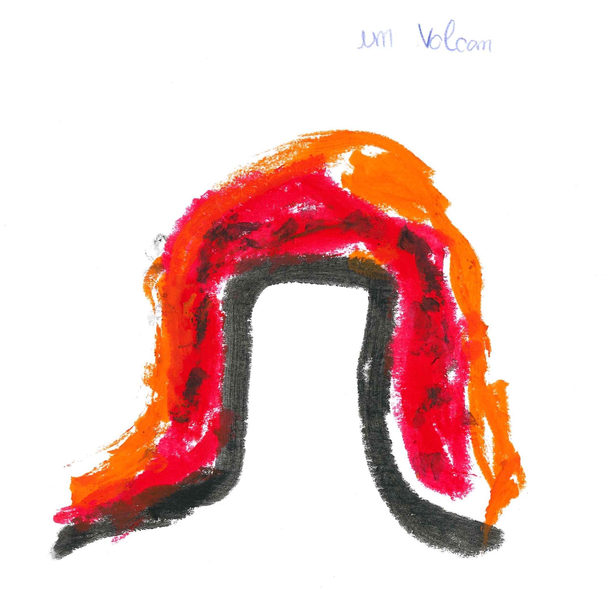 Dessin de Lamia (10 ans). Mot: VolcanTechnique: Pastels.