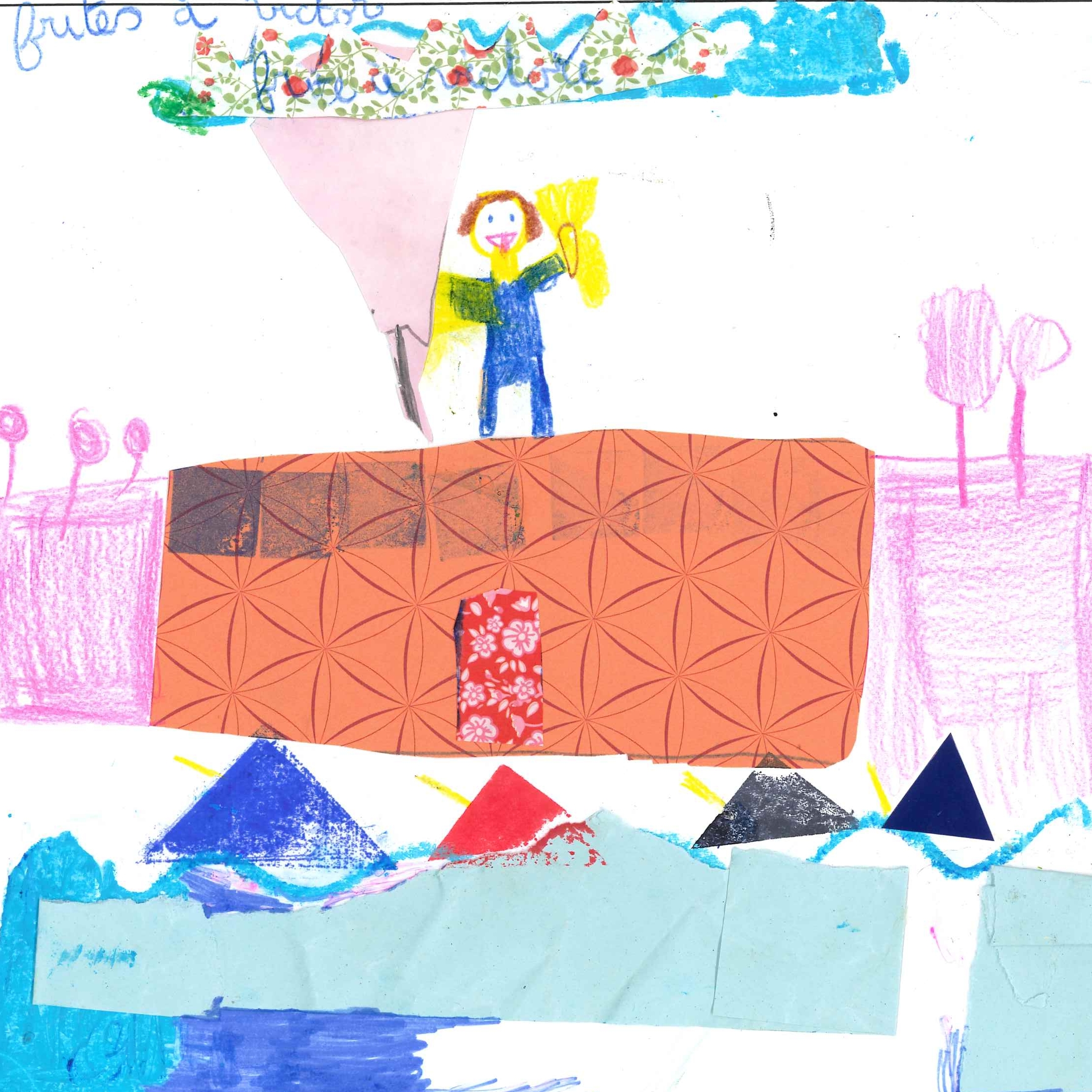 Dessin de Solène (8 ans). Mot: Frites à VictorTechnique: Découpage / Collage.