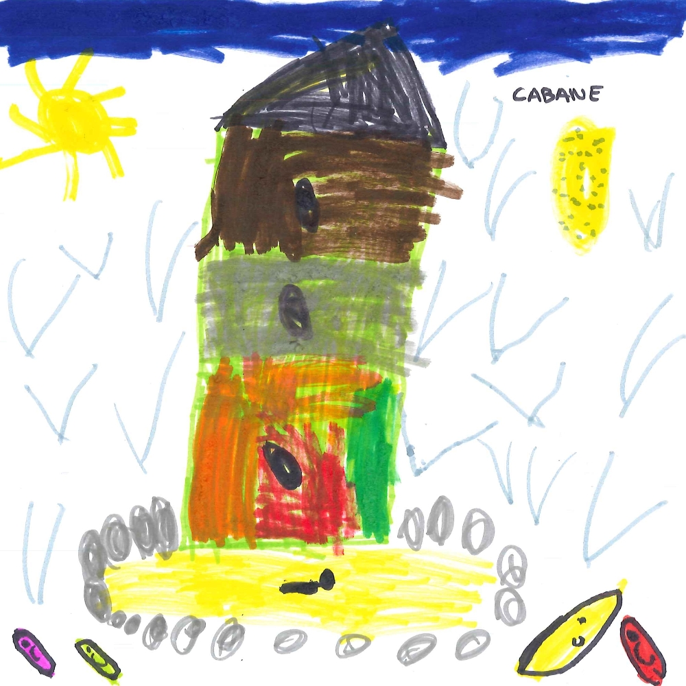 Dessin de Leo (5 ans). Mot: Cabane de plageTechnique: Pastels.