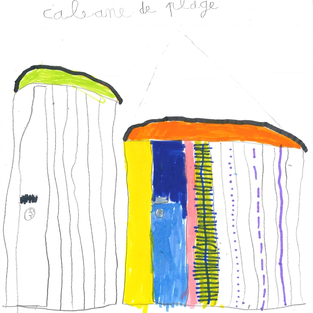Dessin de Adrien (6 ans). Mot: Cabane de plageTechnique: Feutres.