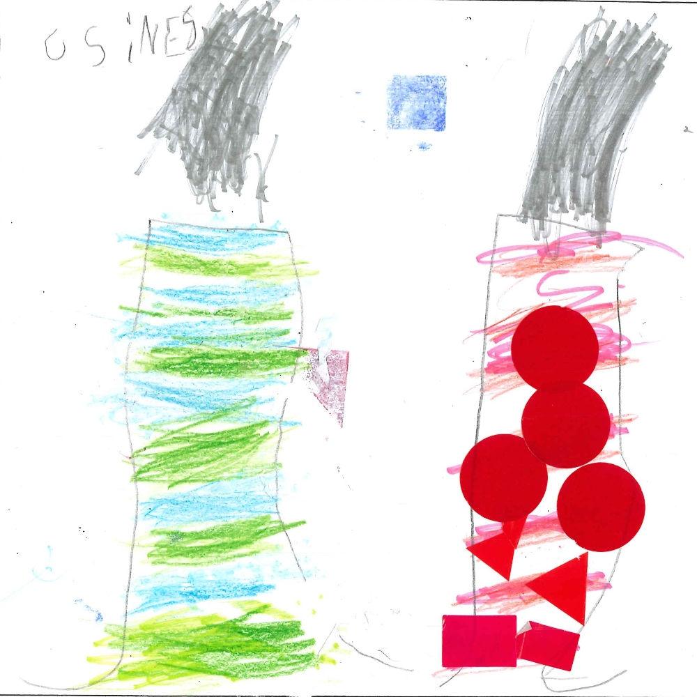 Dessin de Bryght (6 ans). Mot: UsinesTechnique: Crayons.