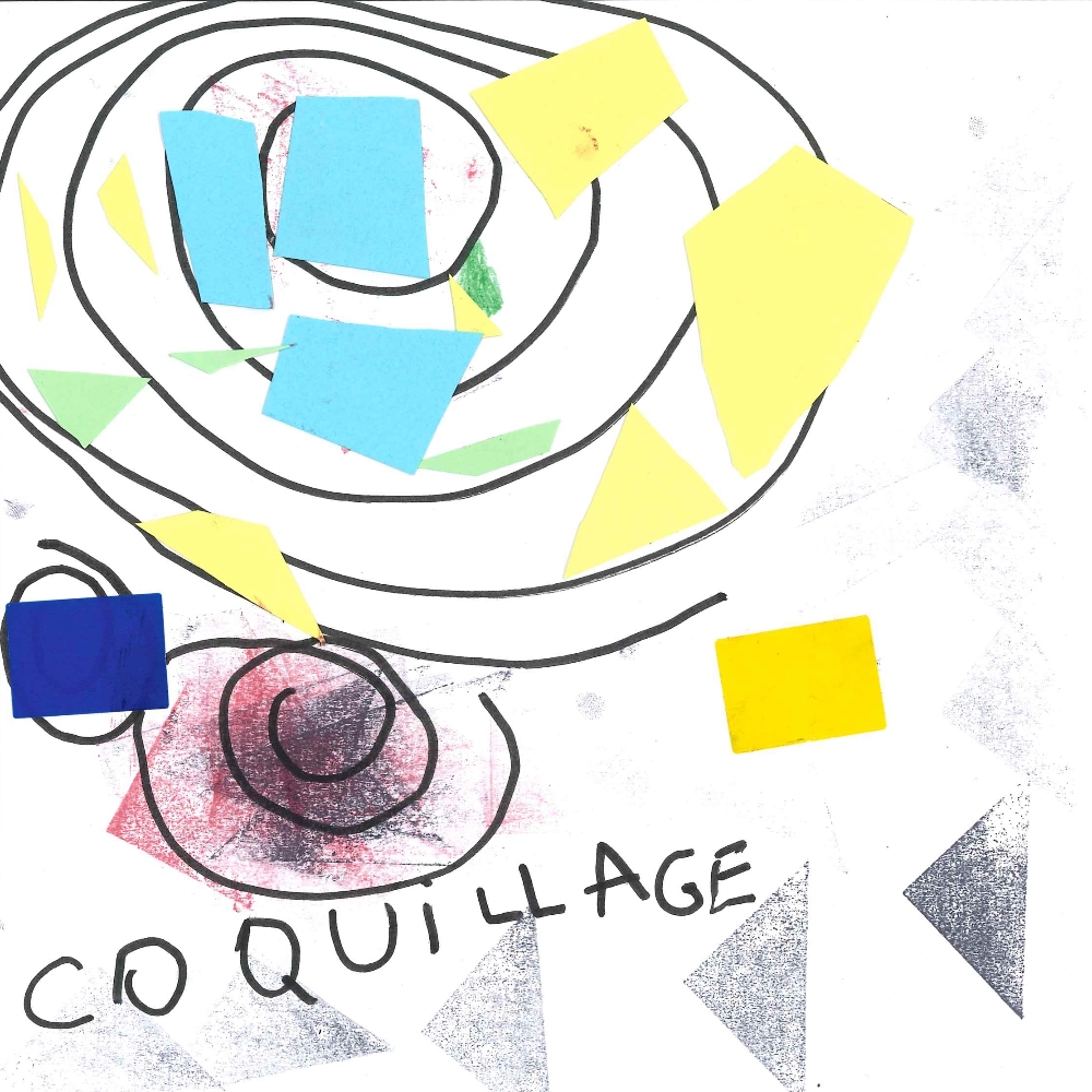 Dessin de Yanis (5 ans). Mot: CoquillageTechnique: Découpage / Collage.