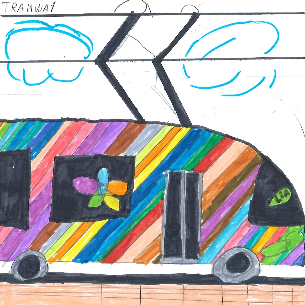 Dessin de Lina (9 ans). Mot: TramwayTechnique: Feutres.