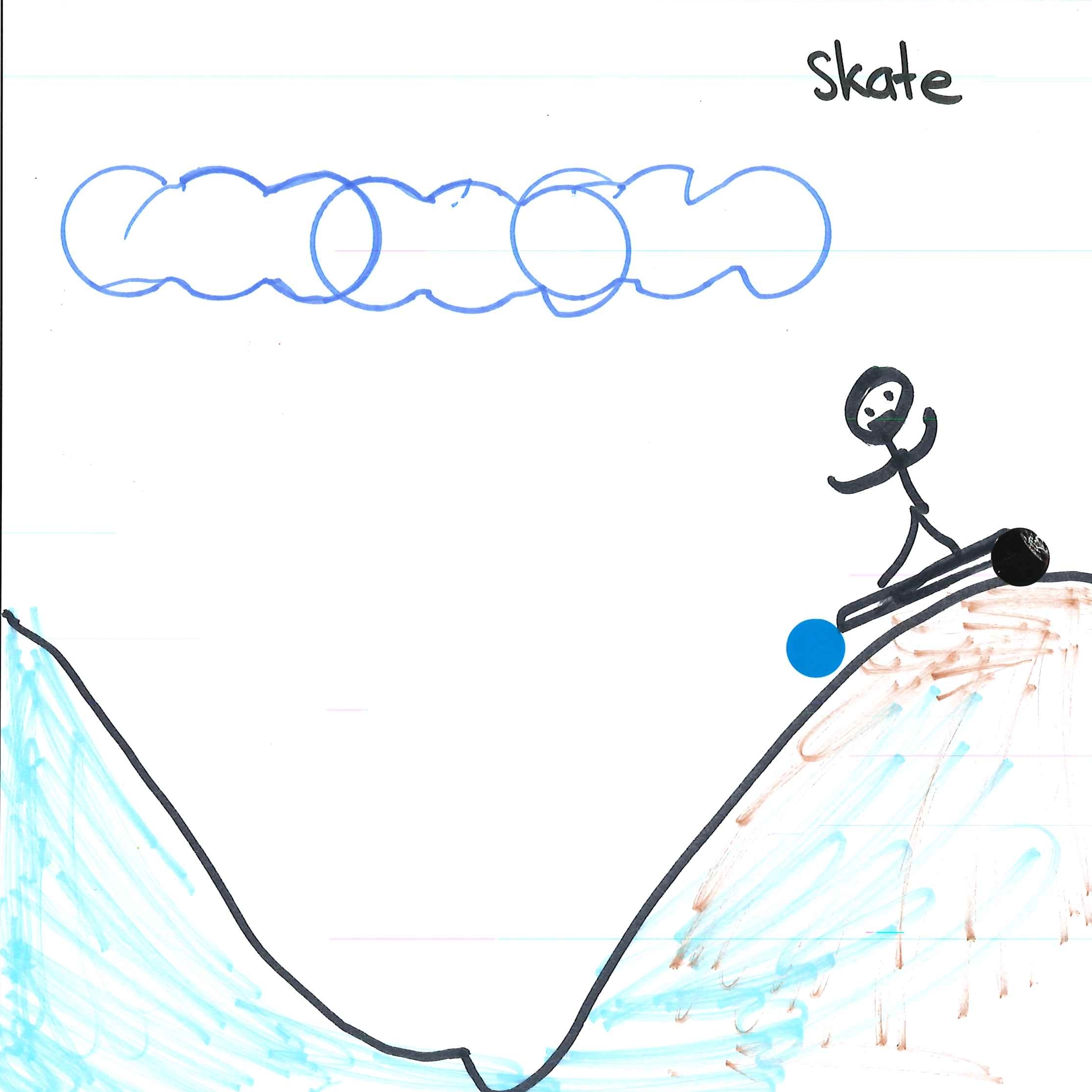 Dessin de Fatna (10 ans). Mot: Skate, SkateparkTechnique: Feutres.