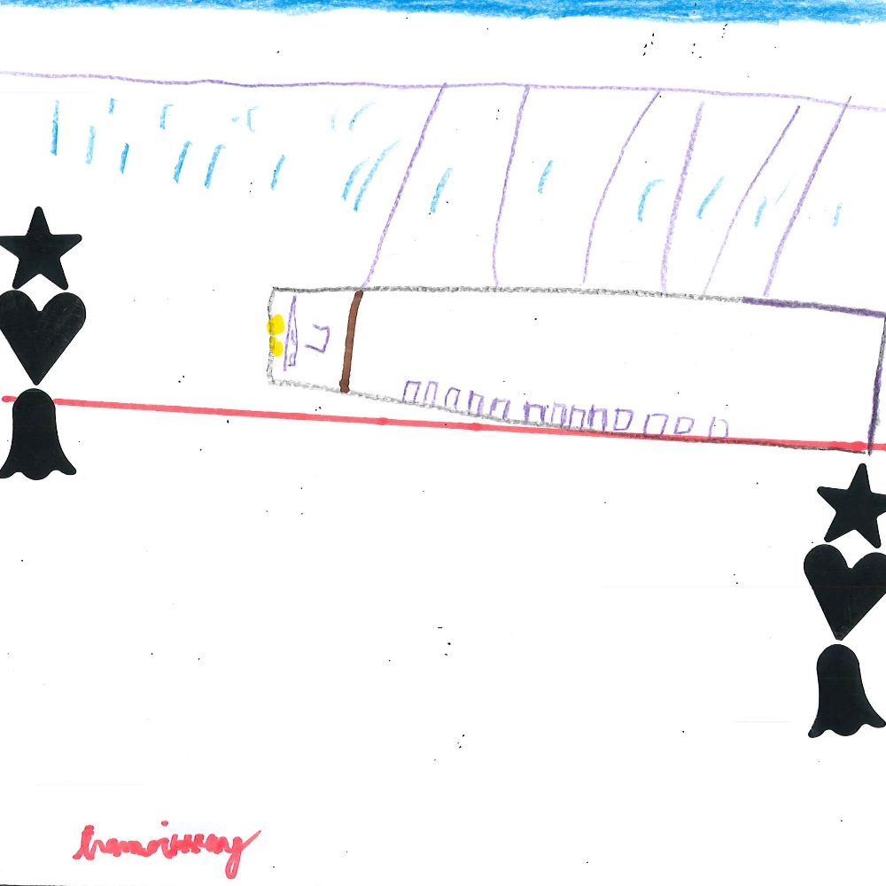 Dessin de Housseïny (7 ans). Mot: TramwayTechnique: Crayons.