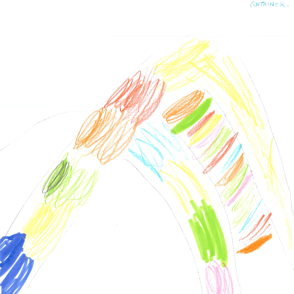 Dessin de Léane (4 ans). Mot: ContainerTechnique: Crayons.