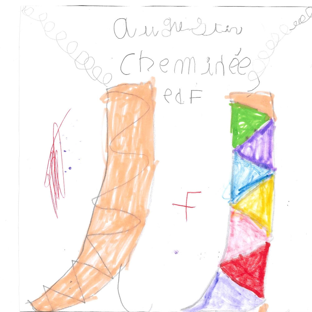 Dessin de Augustin (5 ans). Mot: Cheminées de la centrale thermiqueTechnique: Feutres.