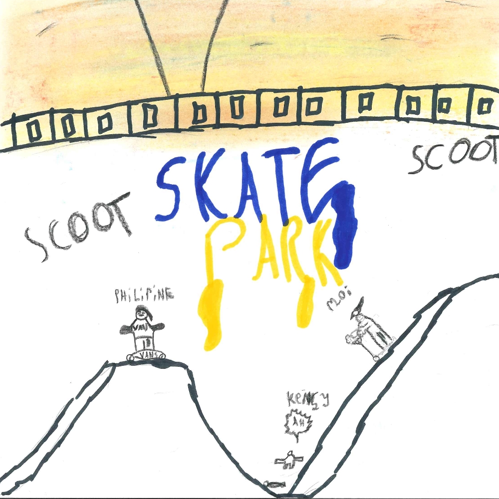 Dessin de Hector (10 ans). Mot: Skate, SkateparkTechnique: Feutres.