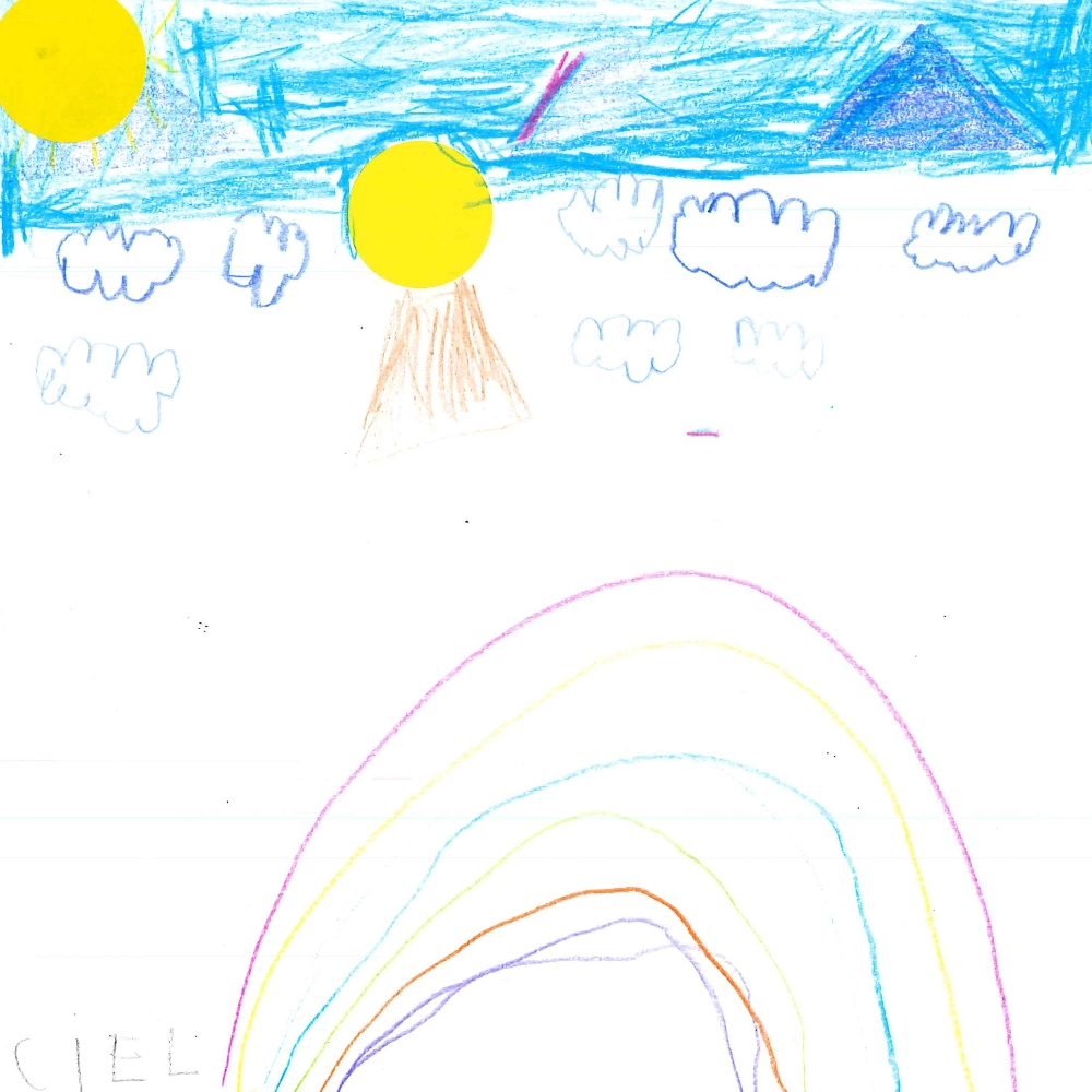 Dessin de Arman (6 ans). Mot: CielTechnique: Crayons.