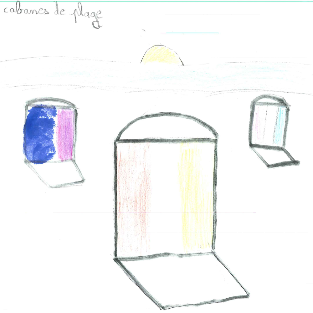 Dessin de Linh (10 ans). Mot: Cabane de plageTechnique: Crayons.