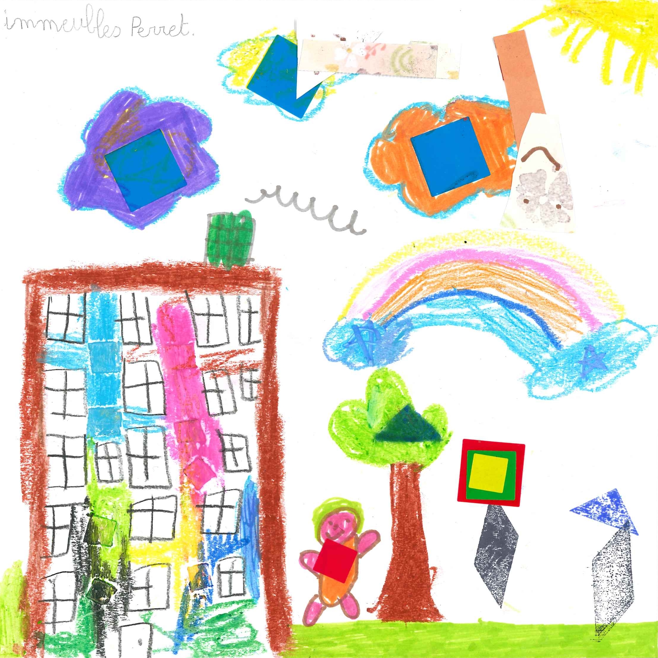 Dessin de Gabriela (7 ans). Mot: Immeubles PerretTechnique: Pastels.