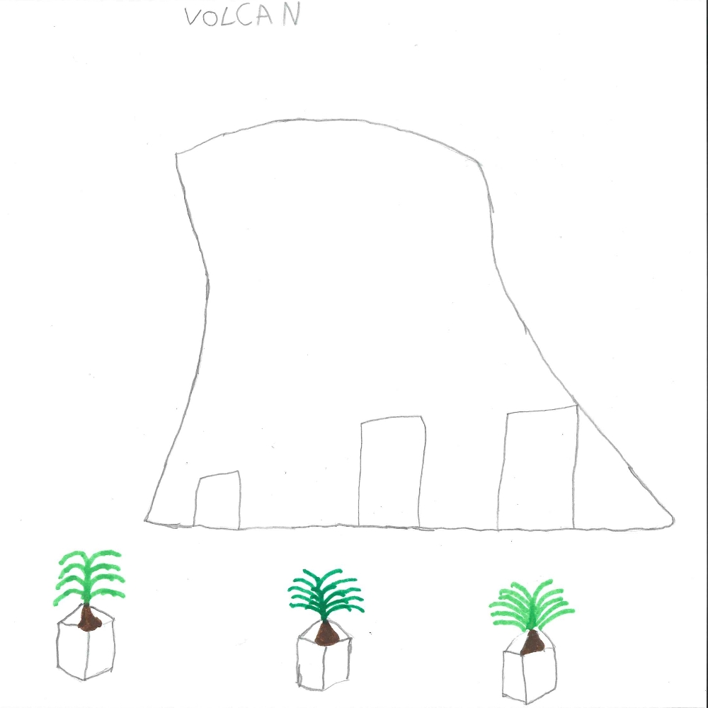 Dessin de Noura (6 ans). Mot: VolcanTechnique: Crayons.