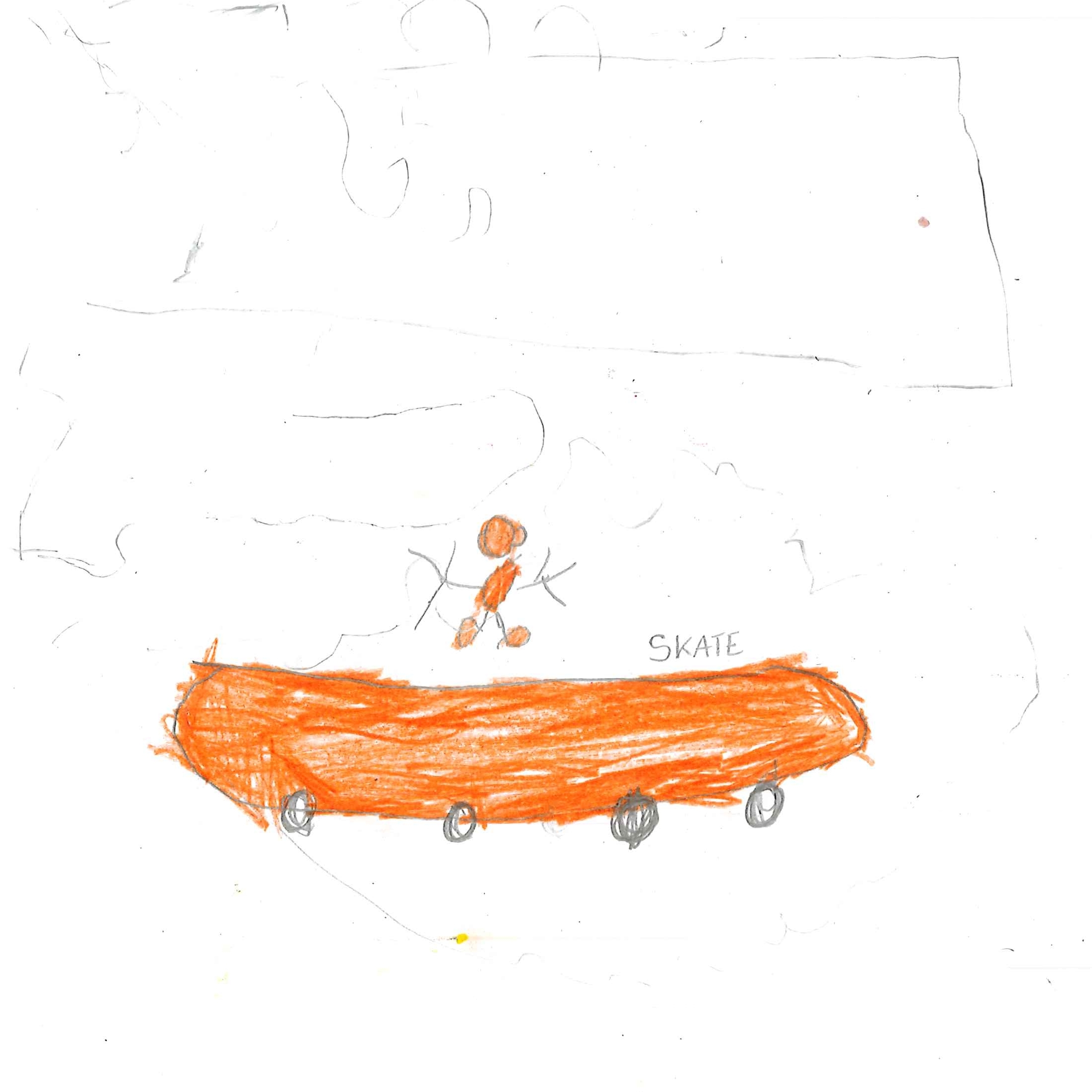Dessin de Abdelkrim (6 ans). Mot: Skate, SkateparkTechnique: Crayons.