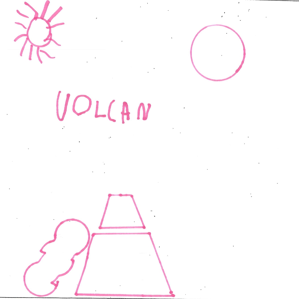 Dessin de Iman (5 ans). Mot: VolcanTechnique: Normographe.