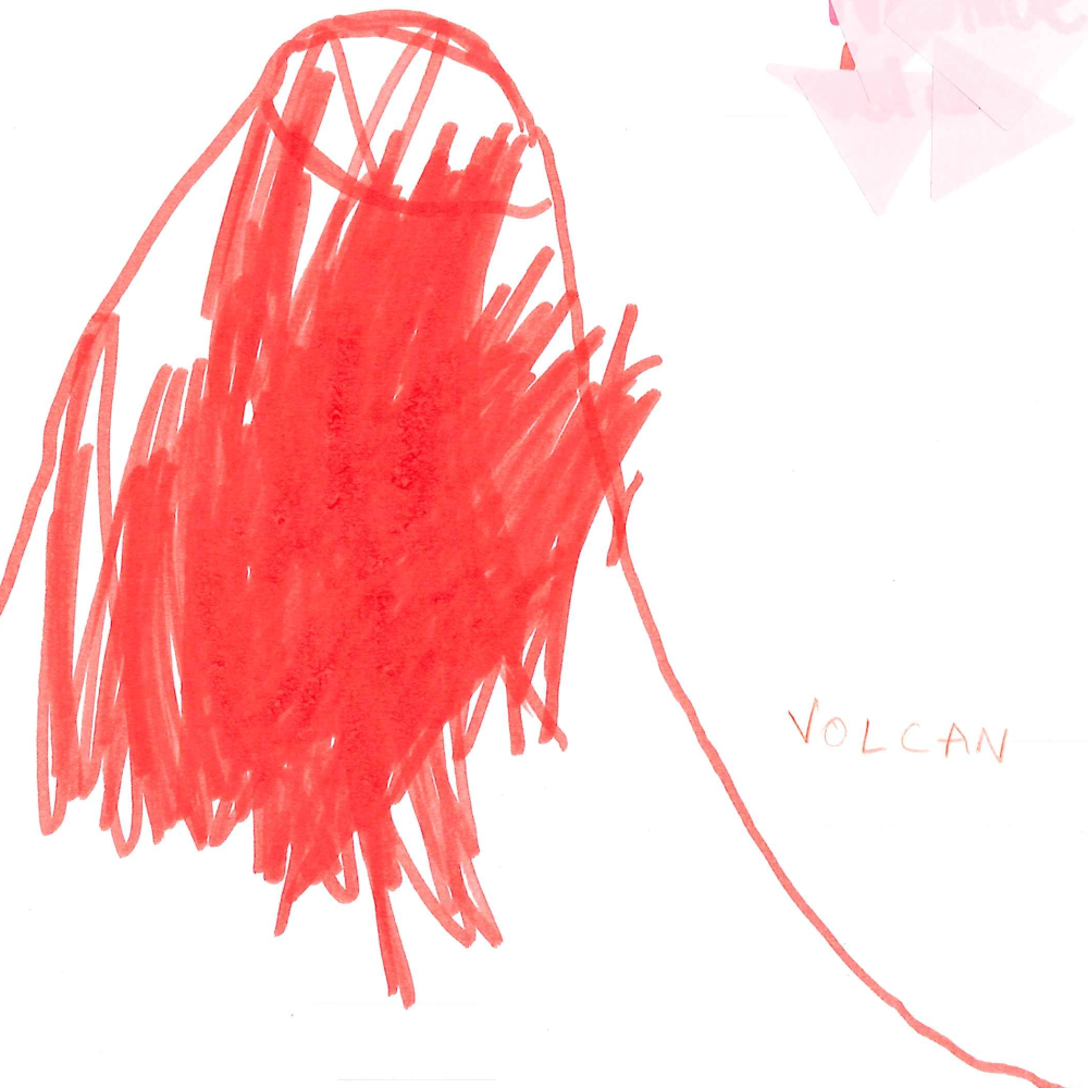 Dessin de Naomie (3 ans). Mot: VolcanTechnique: Feutres.