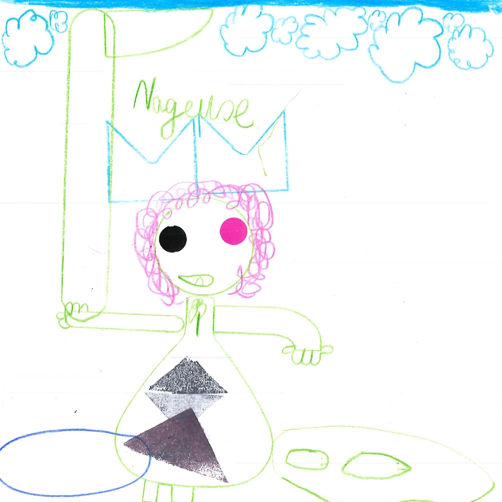 Dessin de Youna (6 ans). Mot: Nageuse, NageurTechnique: Crayons.