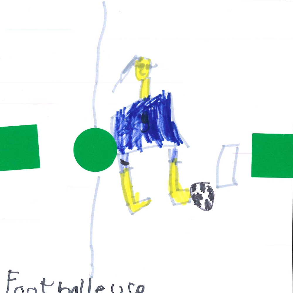 Dessin de Jannat (7 ans). Mot: Footballeuse, FootballeurTechnique: Feutres.