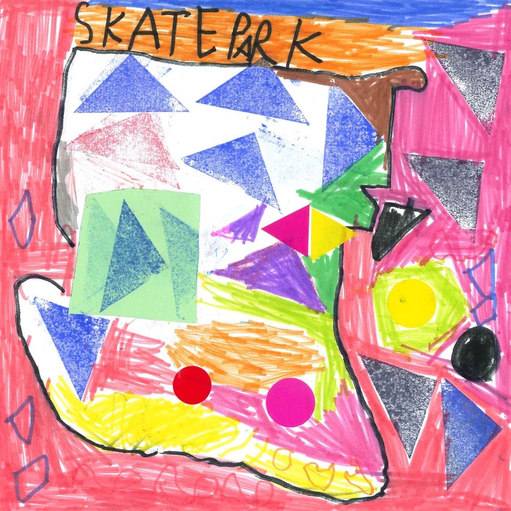 Dessin de Emir (5 ans). Mot: Skate, SkateparkTechnique: Feutres.