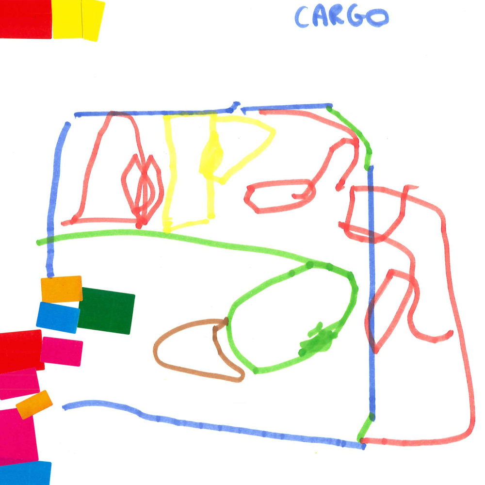 Dessin de Edgar (3 ans). Mot: CargoTechnique: Feutres.