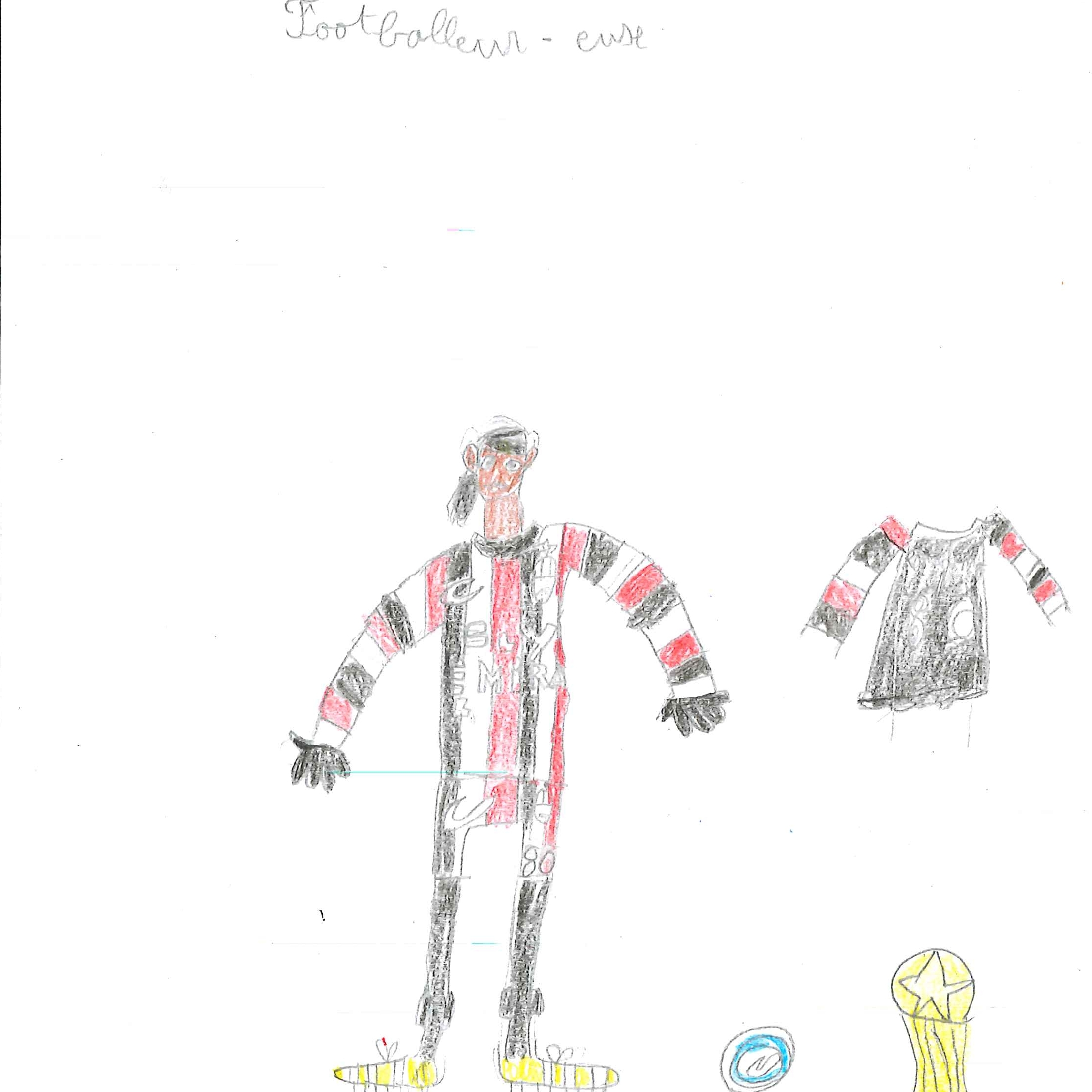 Dessin de Noham (11 ans). Mot: Footballeuse, FootballeurTechnique: Crayons.