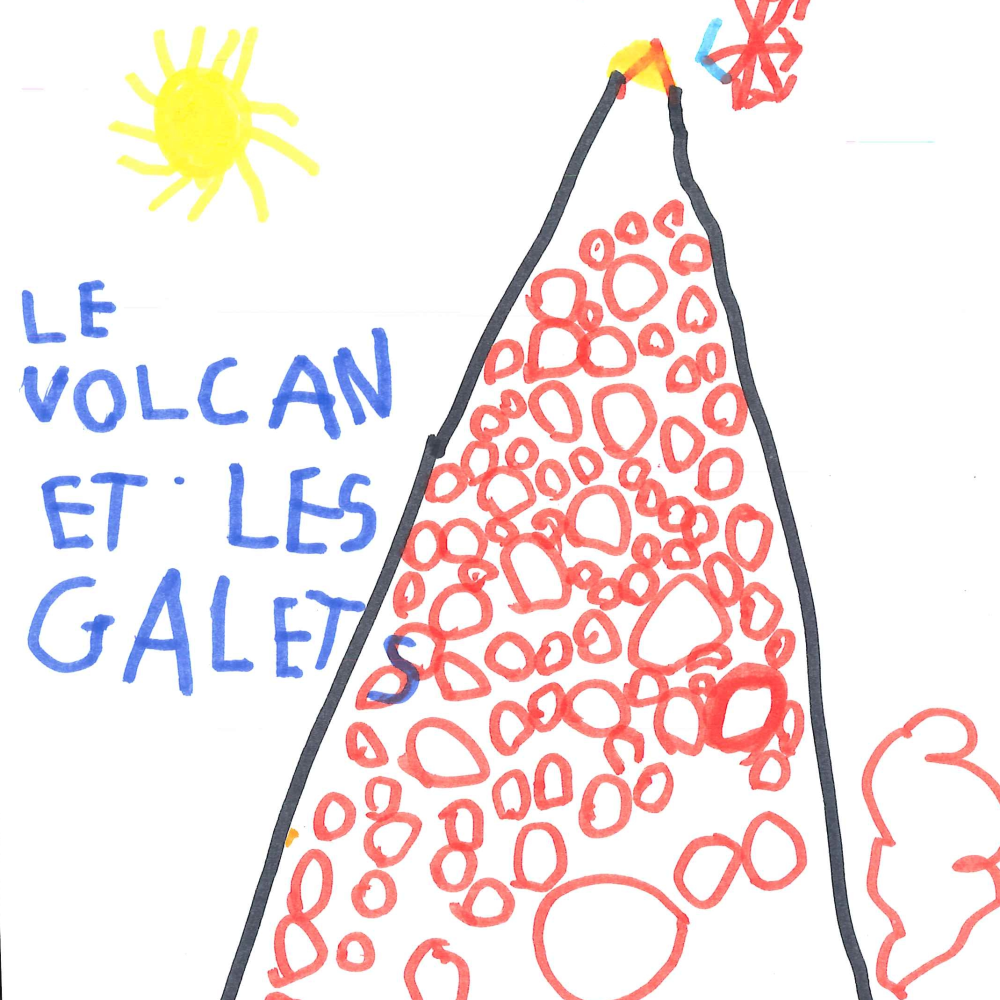 Dessin de Samuel (5 ans). Mot: VolcanTechnique: Feutres.