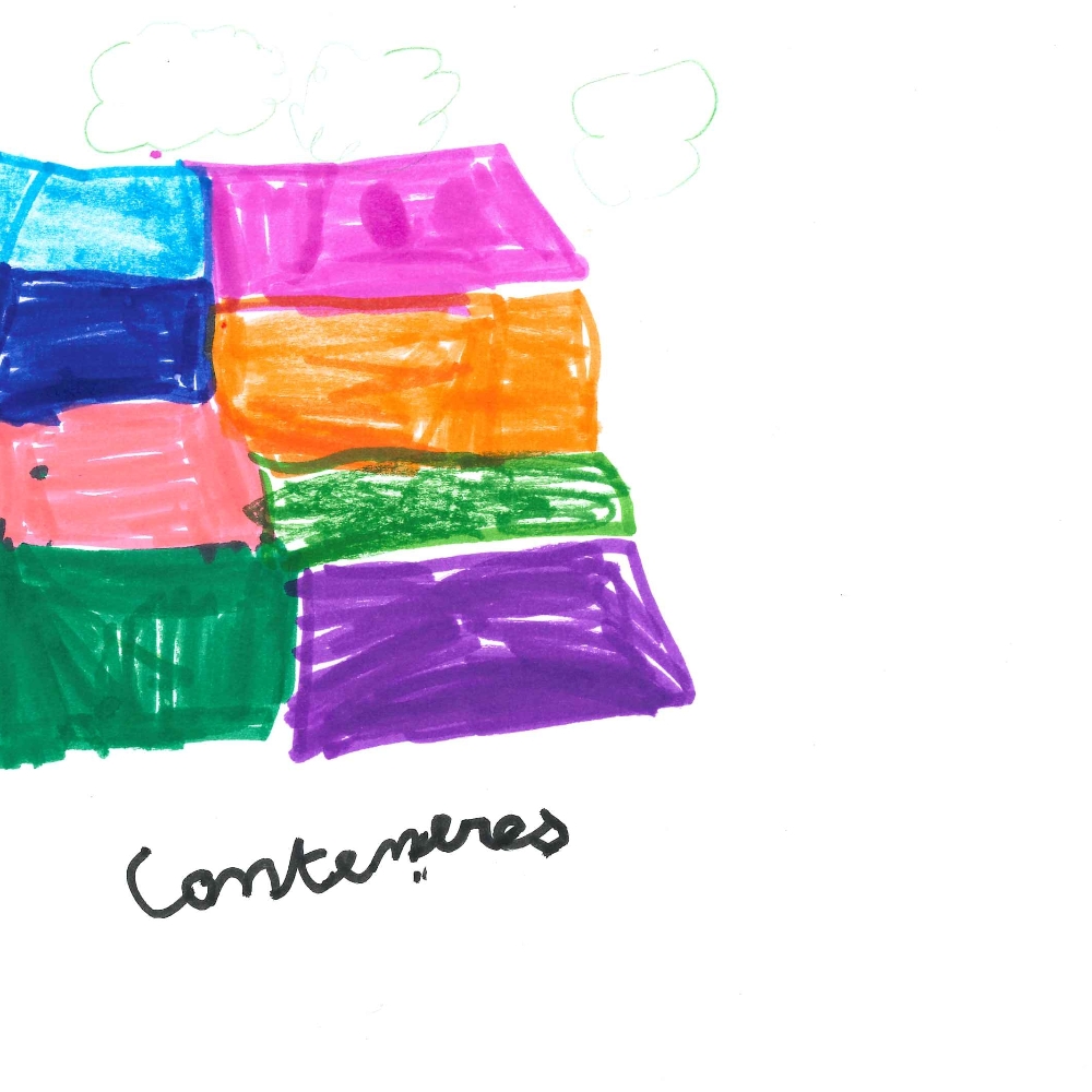 Dessin de Sherine (7 ans). Mot: ContainerTechnique: Feutres.