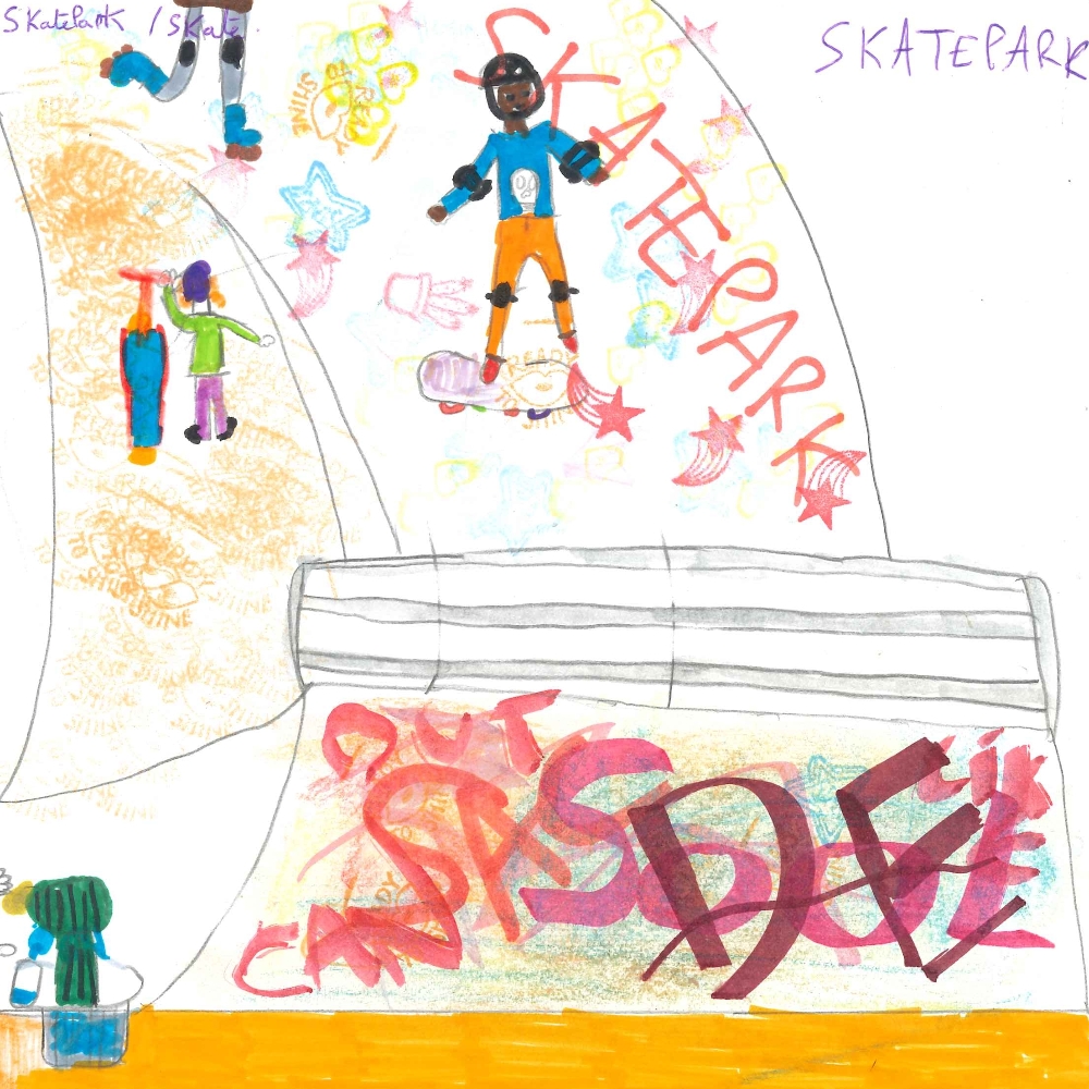 Dessin de Maryam (10 ans). Mot: Skate, SkateparkTechnique: Feutres.
