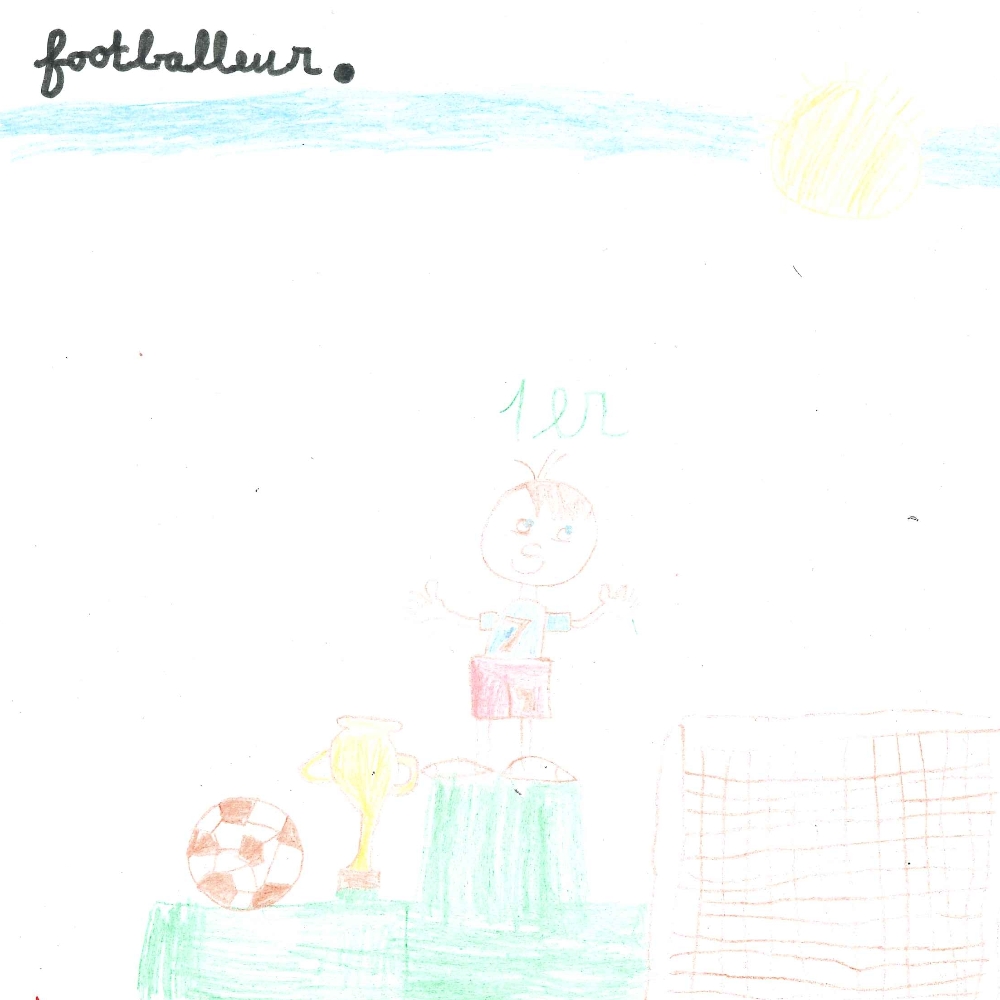 Dessin de Elhadj (7 ans). Mot: Footballeur, FootballeuseTechnique: Crayons.