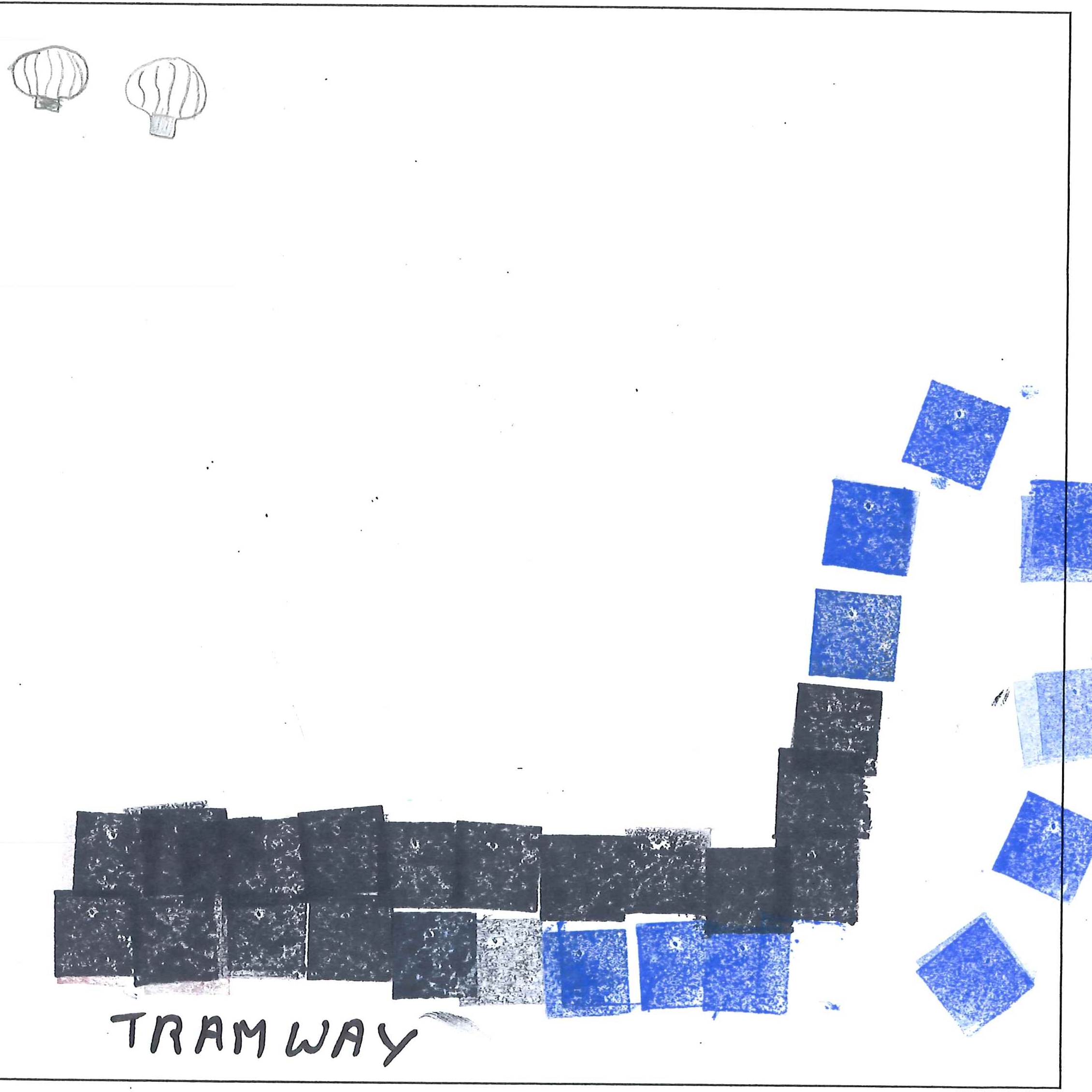 Dessin de Haby (7 ans). Mot: TramwayTechnique: Tampons.