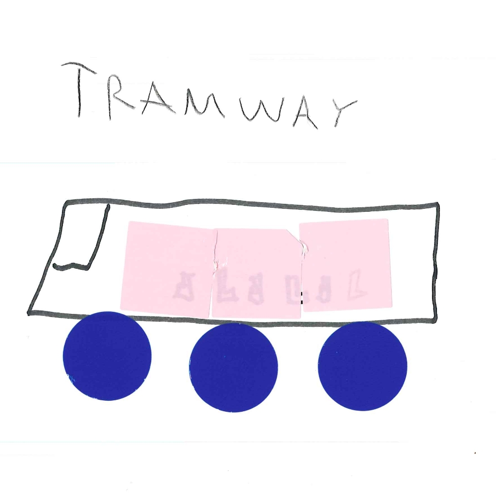 Dessin de Djenaba (7 ans). Mot: TramwayTechnique: Gommettes.