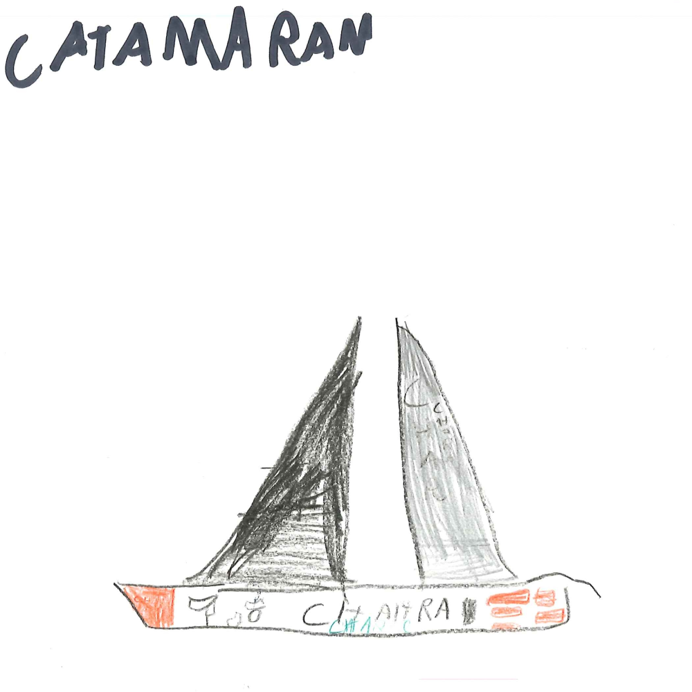 Dessin de Noah (7 ans). Mot: CatamaranTechnique: Crayons.