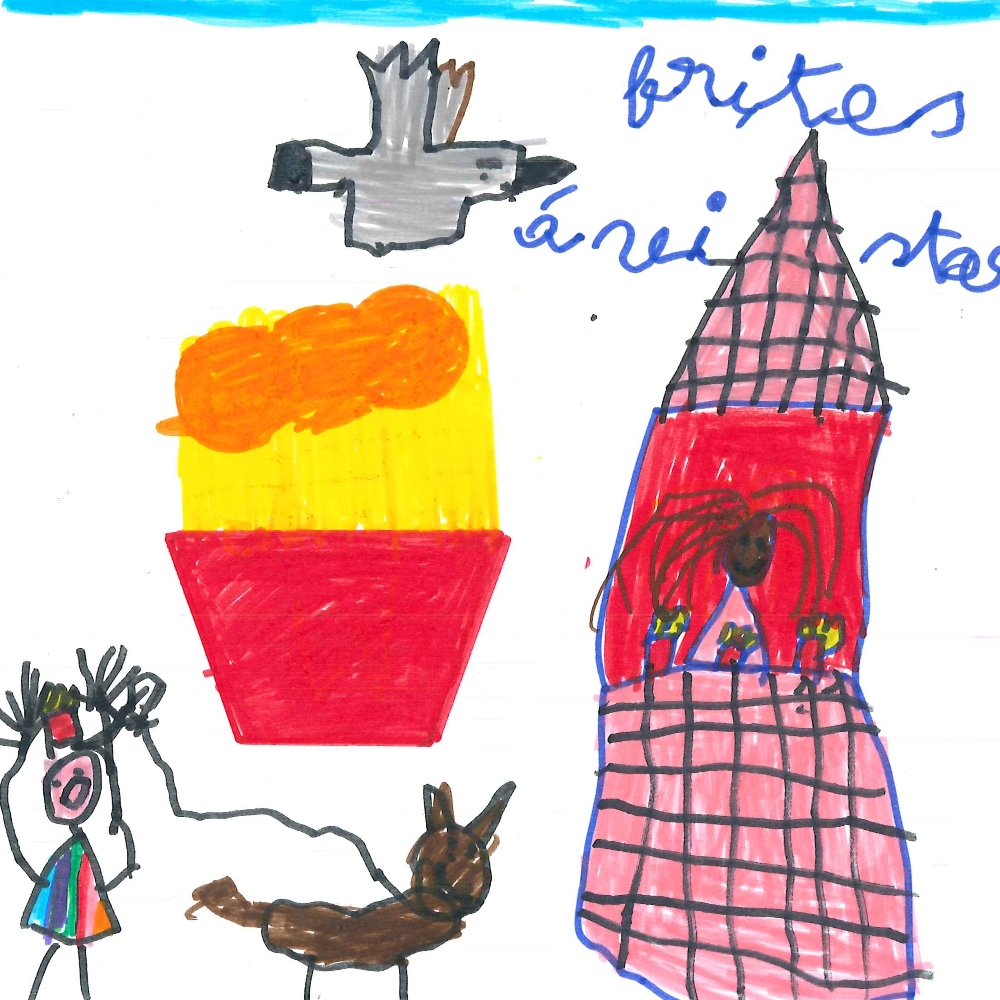 Dessin de Elléna (8 ans). Mot: Frites à VictorTechnique: Normographe.