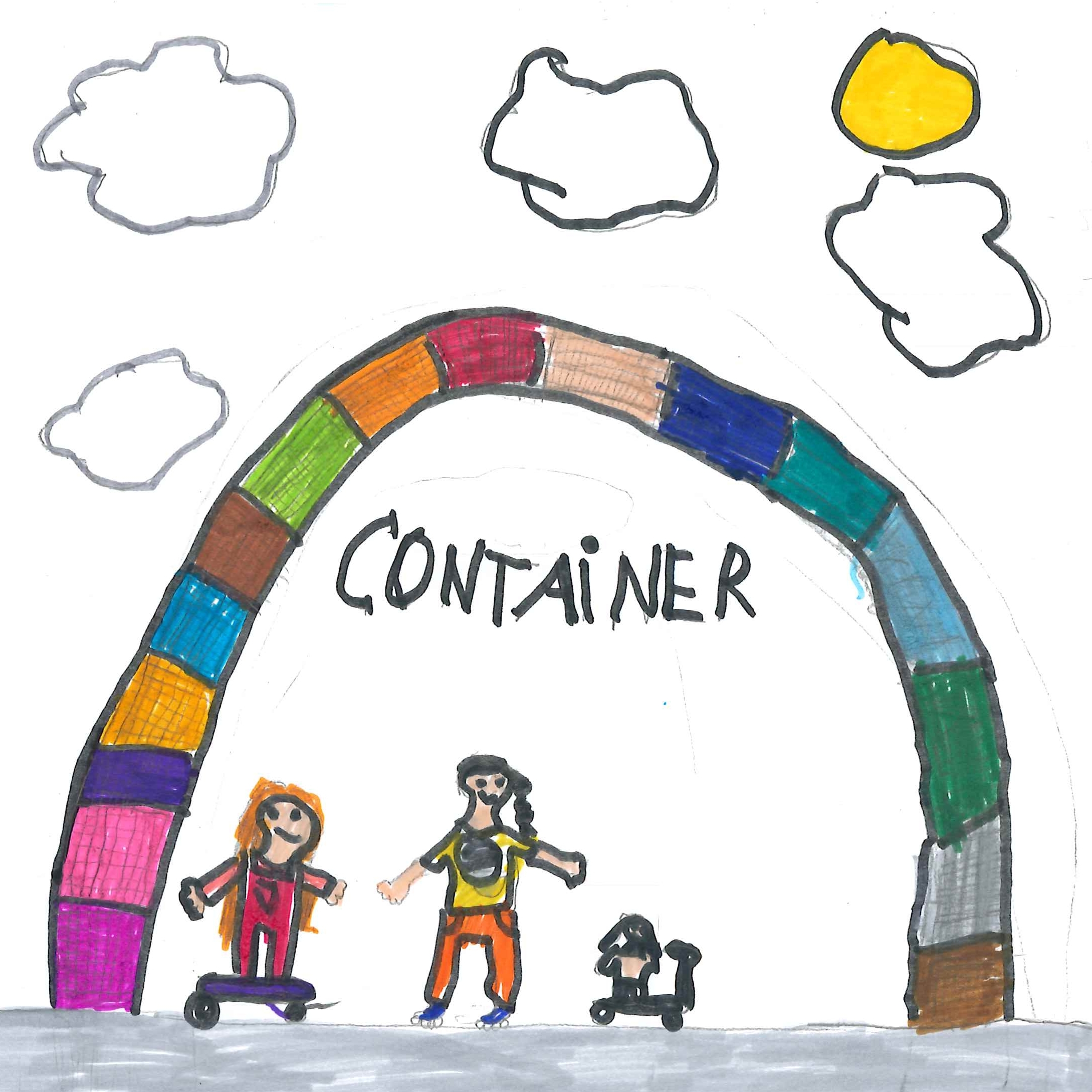 Dessin de Elina (8 ans). Mot: ContainerTechnique: Feutres.
