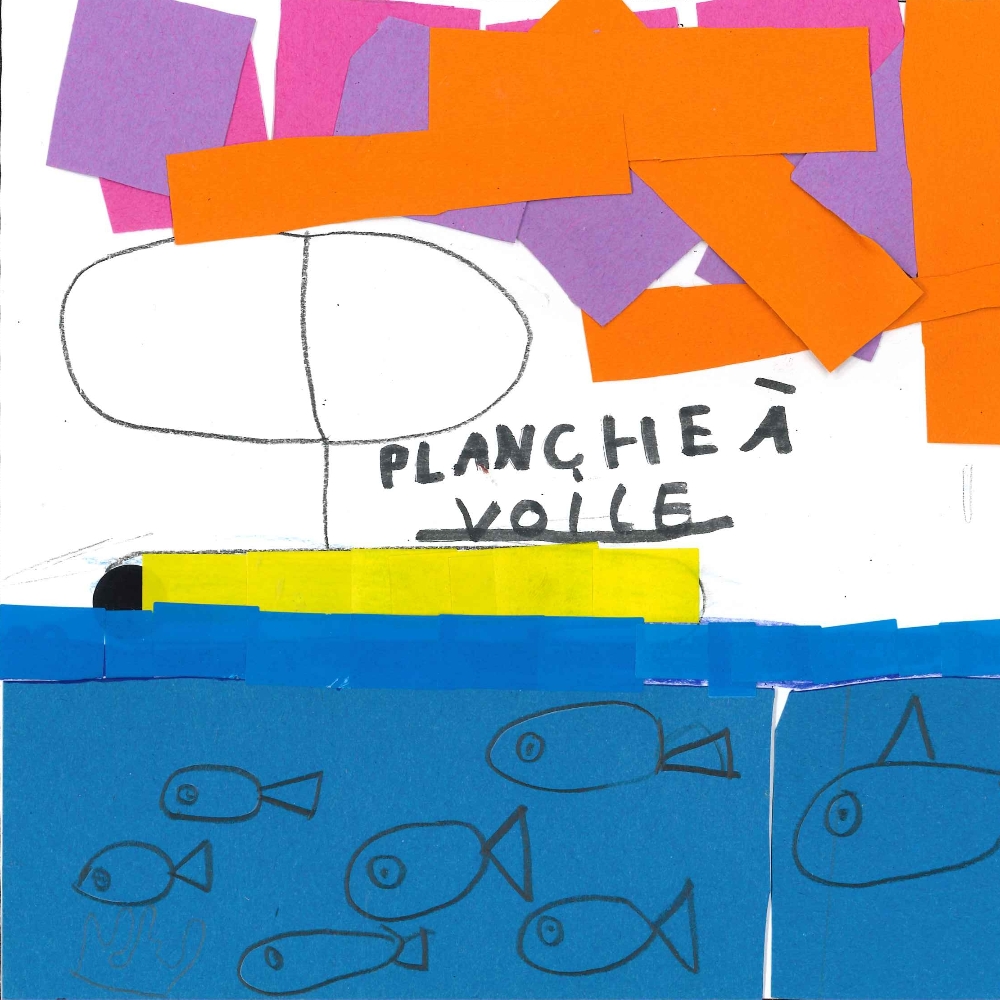 Dessin de Ousmane (8 ans). Mot: Planche à voileTechnique: Découpage / Collage.