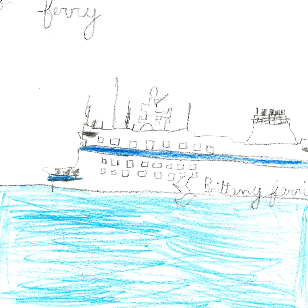 Dessin de Arthur (6 ans). Mot: FerryTechnique: Crayons.