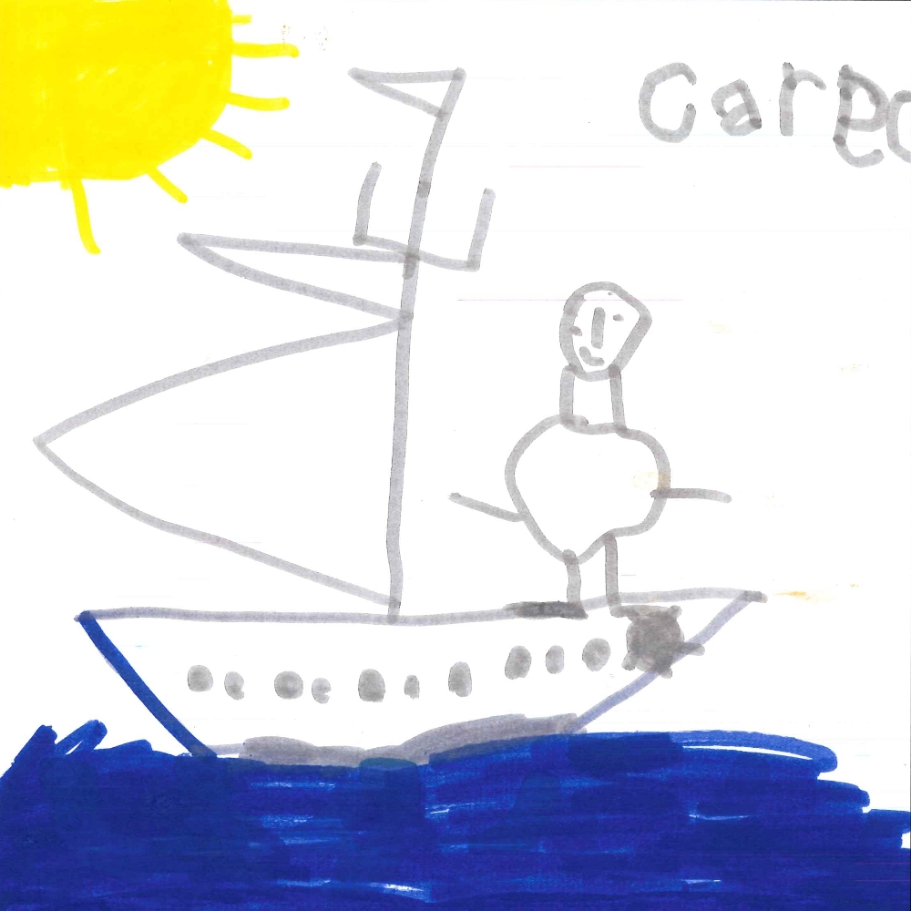 Dessin de Raphaël (4 ans). Mot: CargoTechnique: Feutres.