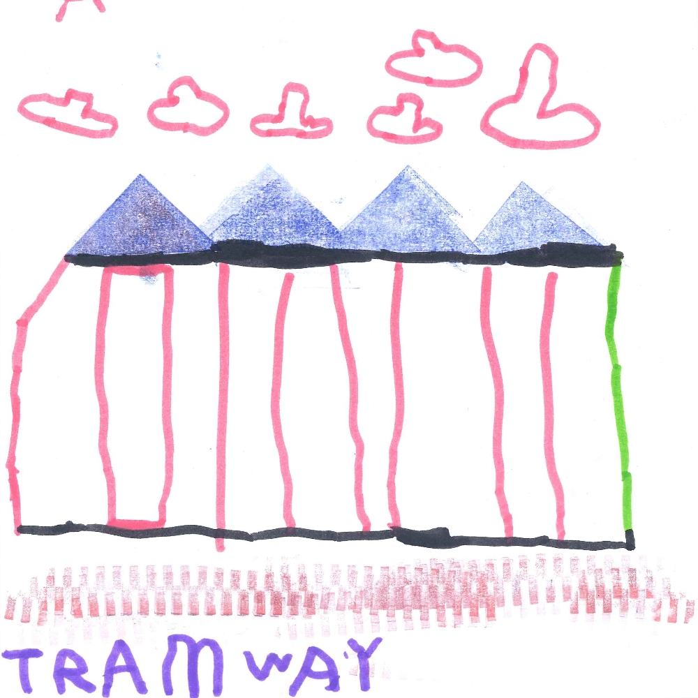 Dessin de Joachim (4 ans). Mot: TramwayTechnique: Feutres.