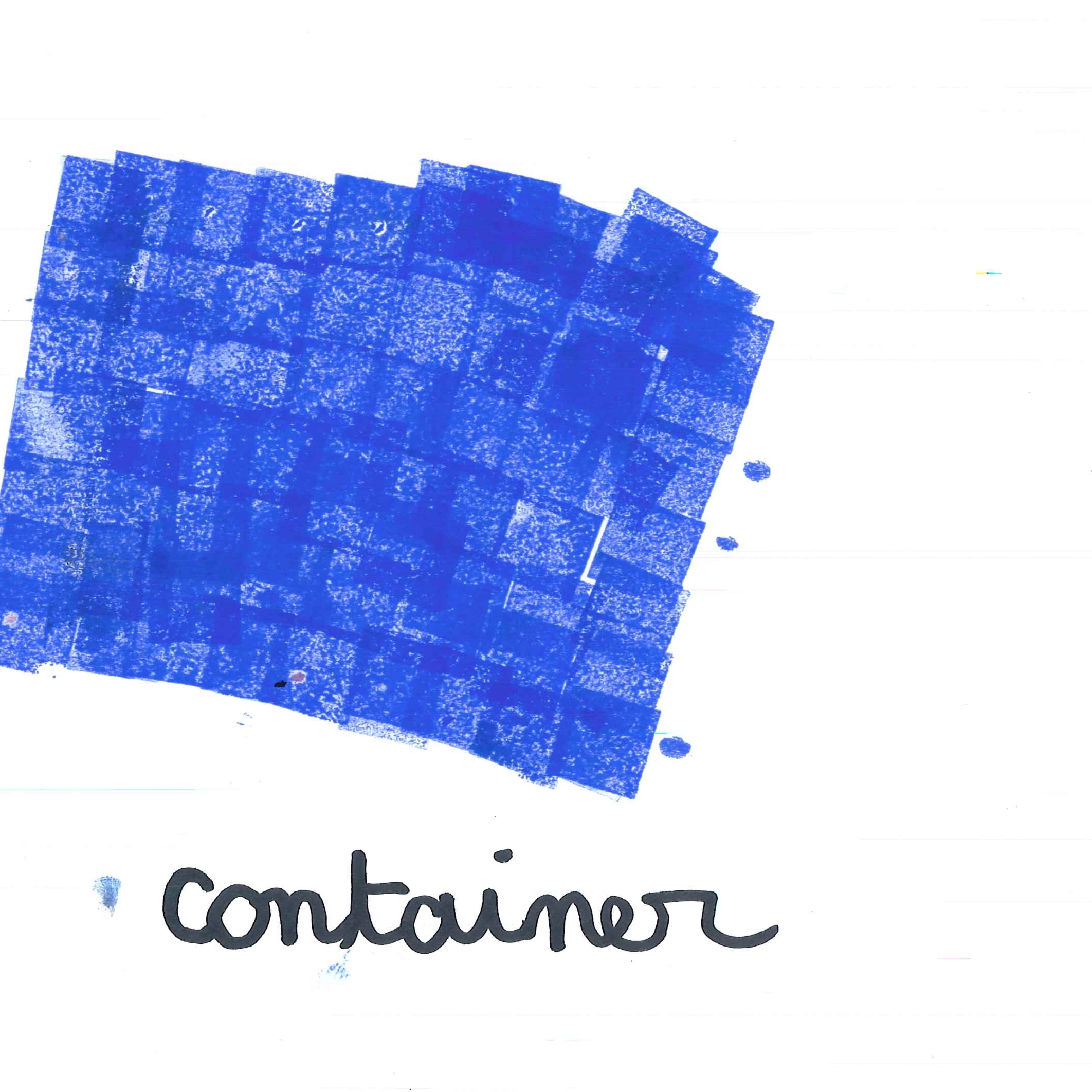 Dessin de Melyana (7 ans). Mot: ContainerTechnique: Tampons.