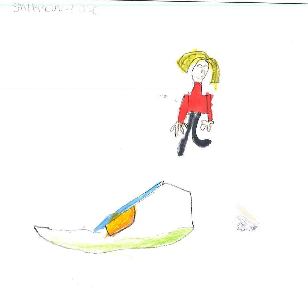 Dessin de Amine (6 ans). Mot: Skippeur / SkippeuseTechnique: Crayons.