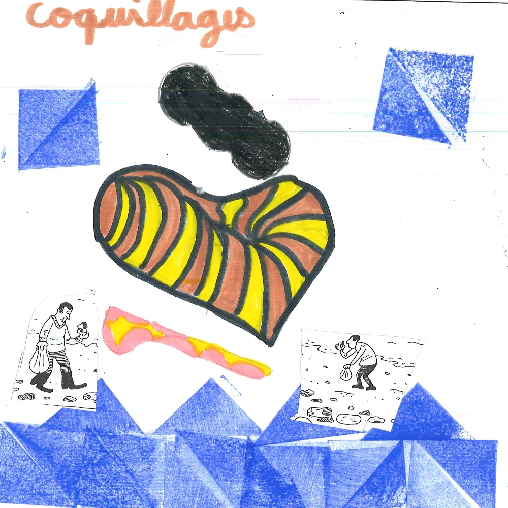 Dessin de Aïssata (8 ans). Mot: CoquillageTechnique: Découpage / Collage.