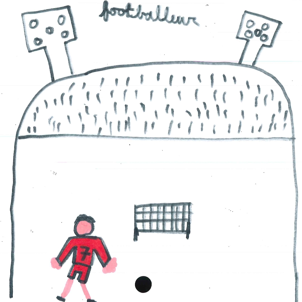 Dessin de Mohamed (8 ans). Mot: Footballeur, FootballeuseTechnique: Feutres.