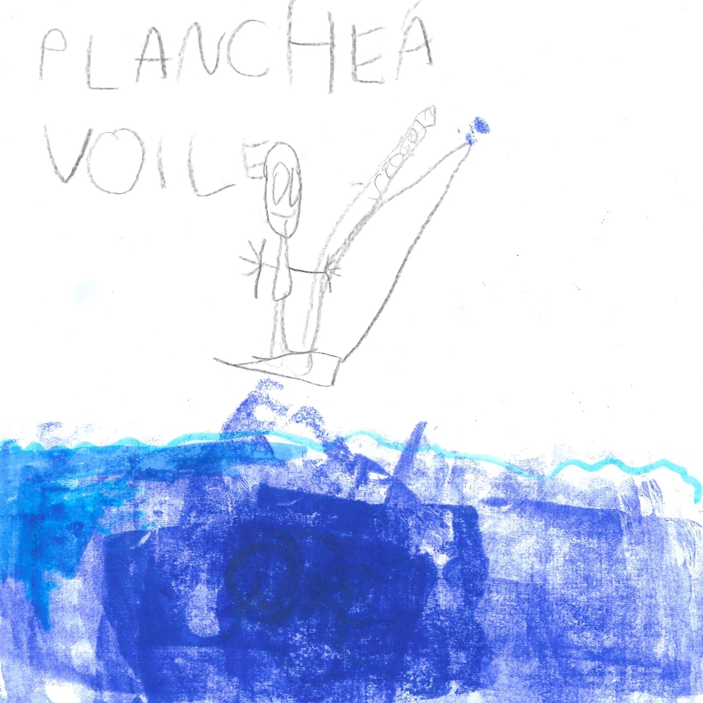 Dessin de Amin (5 ans). Mot: Planche à voileTechnique: Crayons.
