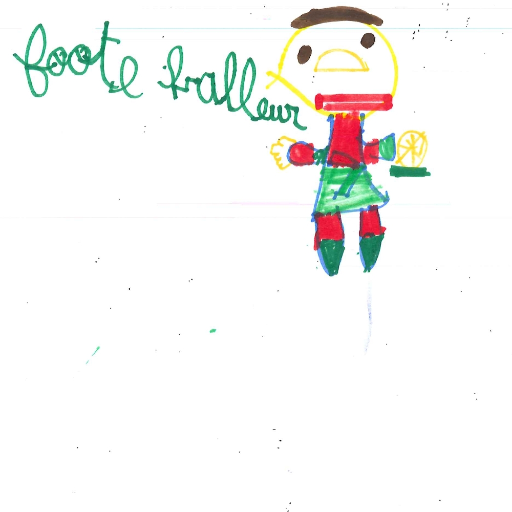 Dessin de Thaïs (6 ans). Mot: Footballeur, FootballeuseTechnique: Feutres.